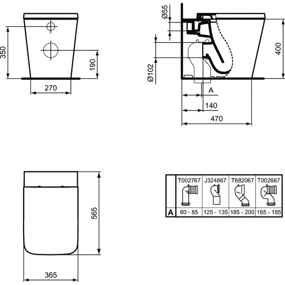 Vas WC pe pardoseala Ideal Standard Blend Cube AquaBlade 37x57 cm evacuare orizontala sau verticala, alb mat