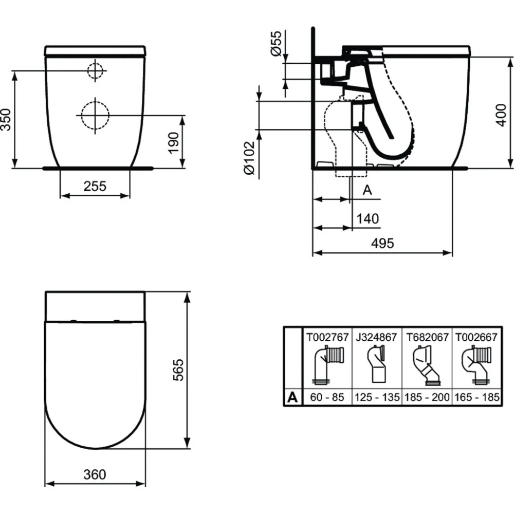 Vas WC pe pardoseala Ideal Standard Blend Curve AquaBlade 36x57 cm evacuare orizontala sau verticala, alb mat
