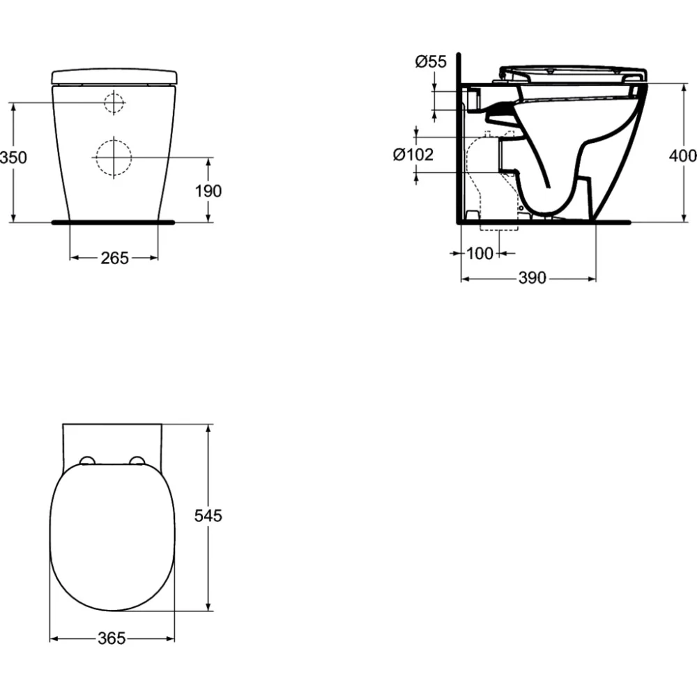 Vas WC pe pardoseala Ideal Standard Connect 36x55 cm evacuare orizontala, lipit de perete