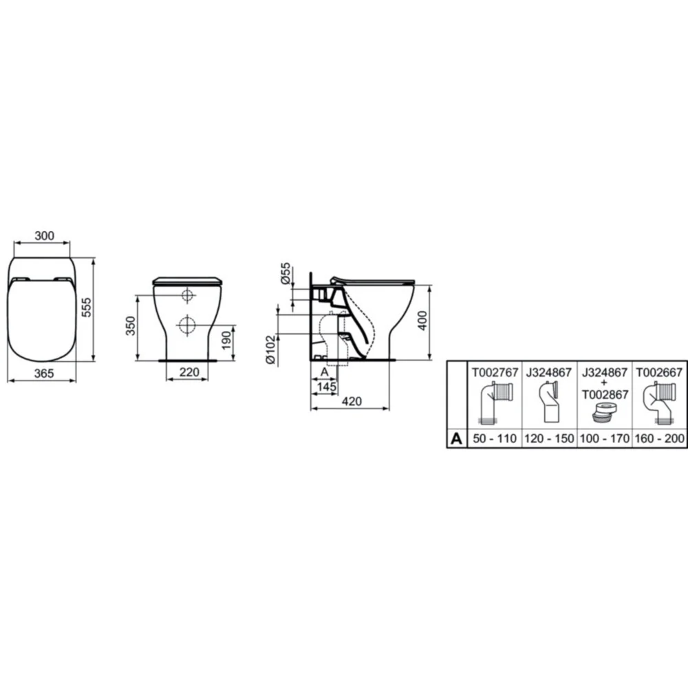 Vas WC pe pardoseala Ideal Standard Tesi AquaBlade 37x56 cm evacuare orizontala sau verticala, lipit de perete, negru mat