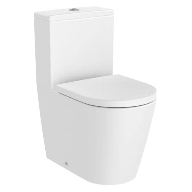 Vas WC pe pardoseala Roca Inspira Round Compact Rimless 37x60 cm evacuare orizontala sau verticala, lipit de perete, alb mat