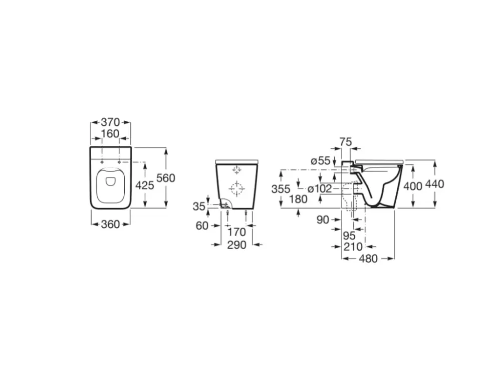 Vas WC pe pardoseala Roca Inspira Square Rimless 36x56 cm evacuare orizontala sau verticala, alb mat