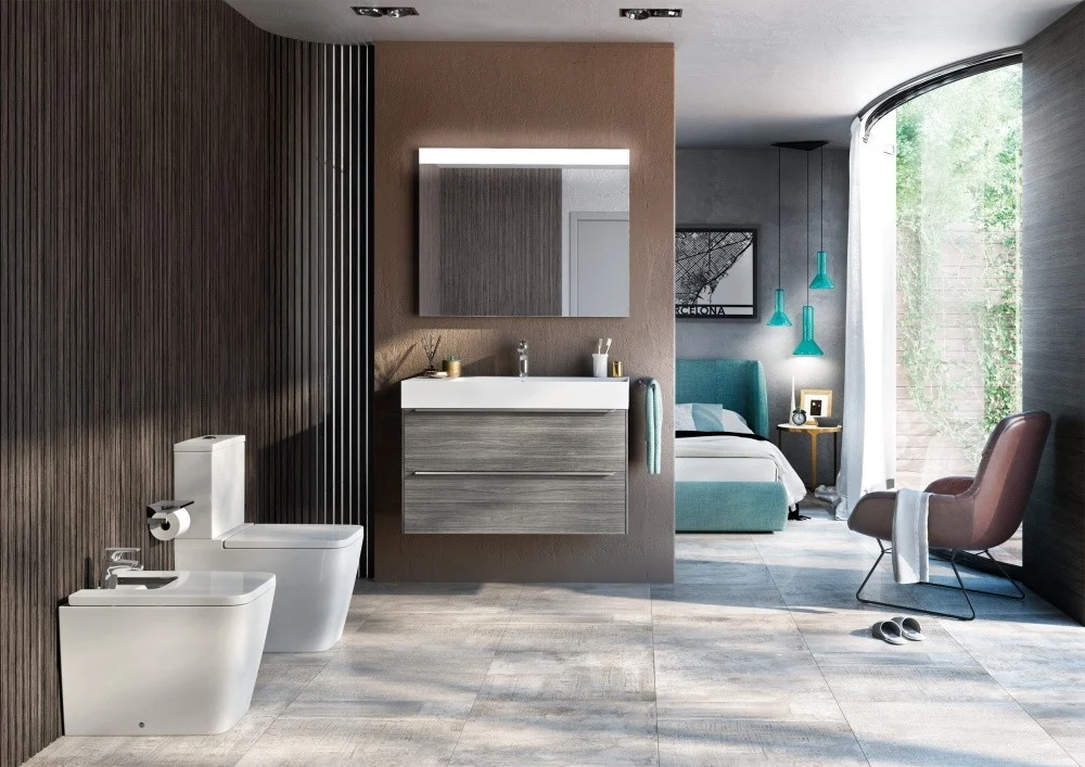 Vas WC pe pardoseala Roca Inspira Square Rimless 36x65 cm evacuare orizontala sau verticala, lipit de perete, bej
