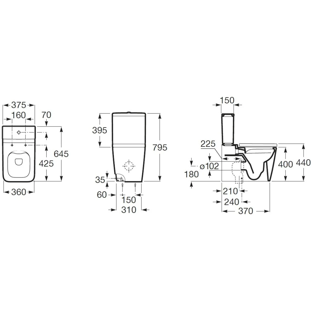 Vas WC pe pardoseala Roca Inspira Square Rimless 36x65 cm evacuare orizontala sau verticala, alb