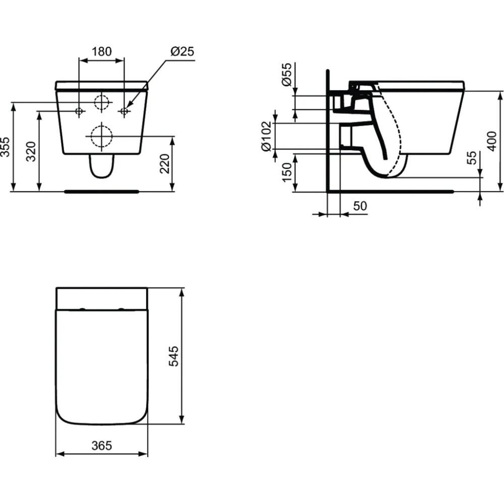 Vas WC suspendat Ideal Standard Blend Cube AquaBlade 37x55 cm evacuare orizontala, alb mat