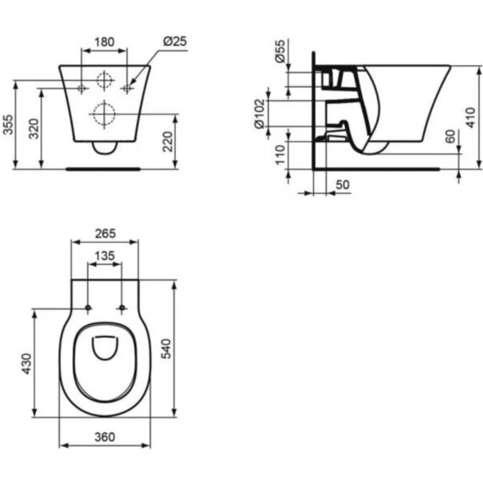 Vas WC suspendat Ideal Standard Connect Air Rimless 36x54 cm evacuare orizontala, negru mat