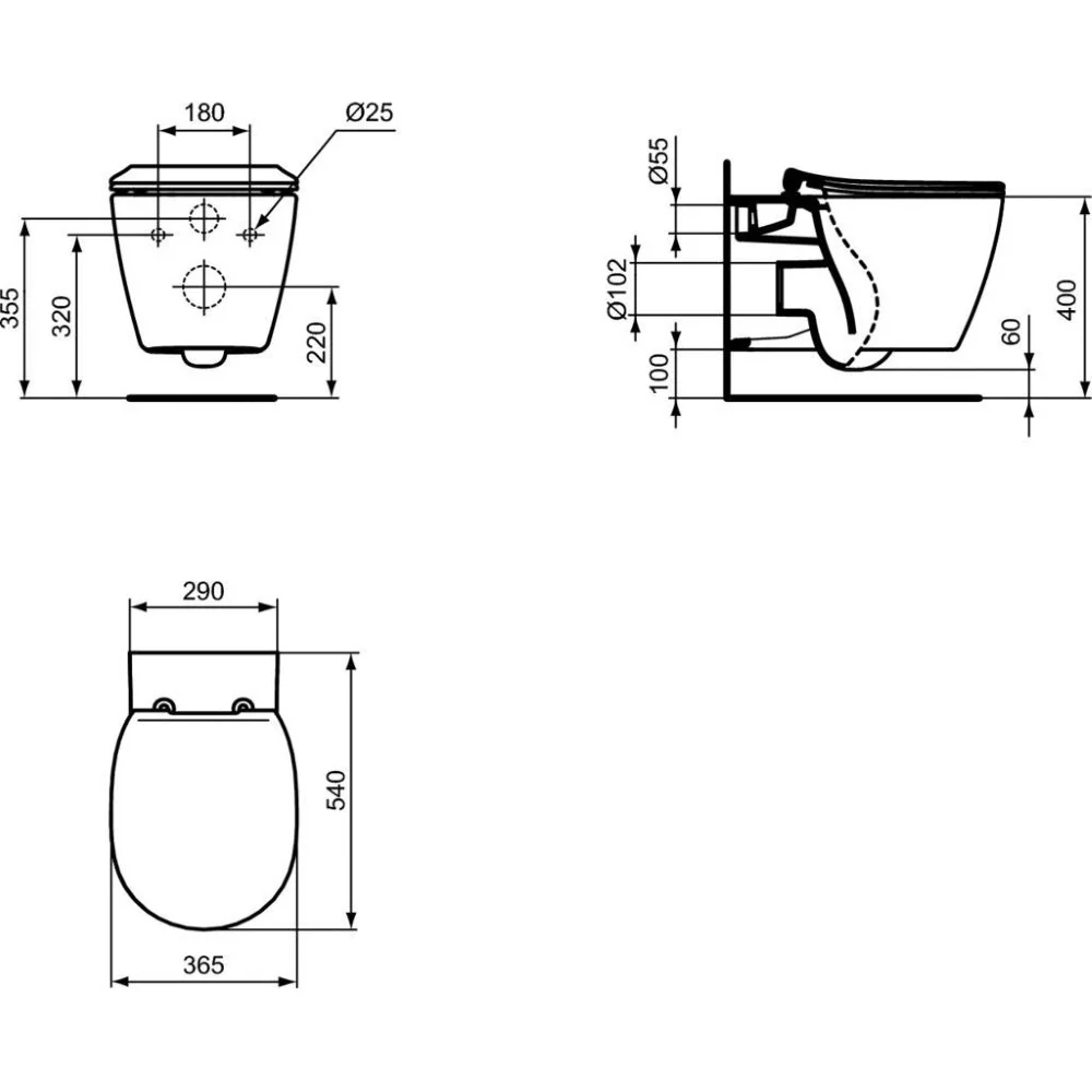Vas WC suspendat Ideal Standard Connect AquaBlade 36x54 cm evacuare orizontala, fixare ascunsa