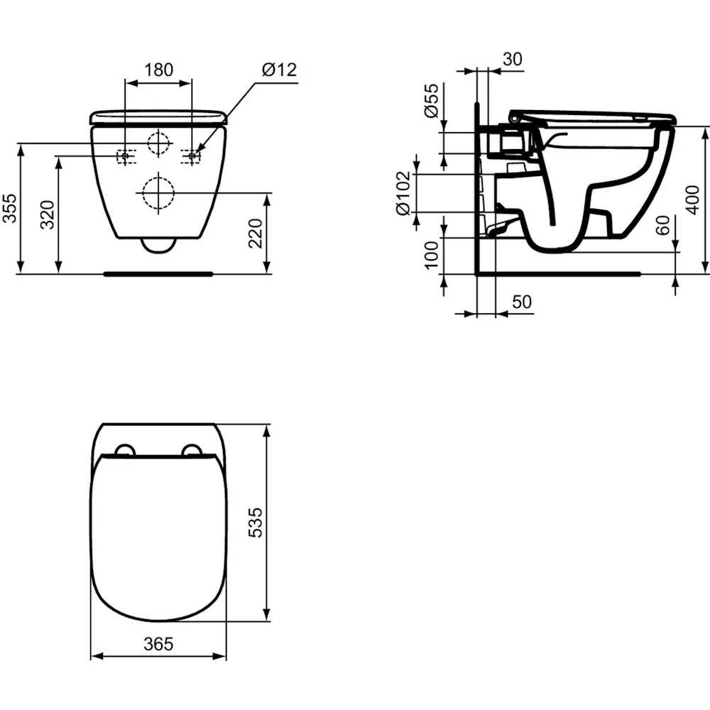 Vas WC suspendat Ideal Standard Tesi Rimless 37x54 cm evacuare orizontala, alb mat