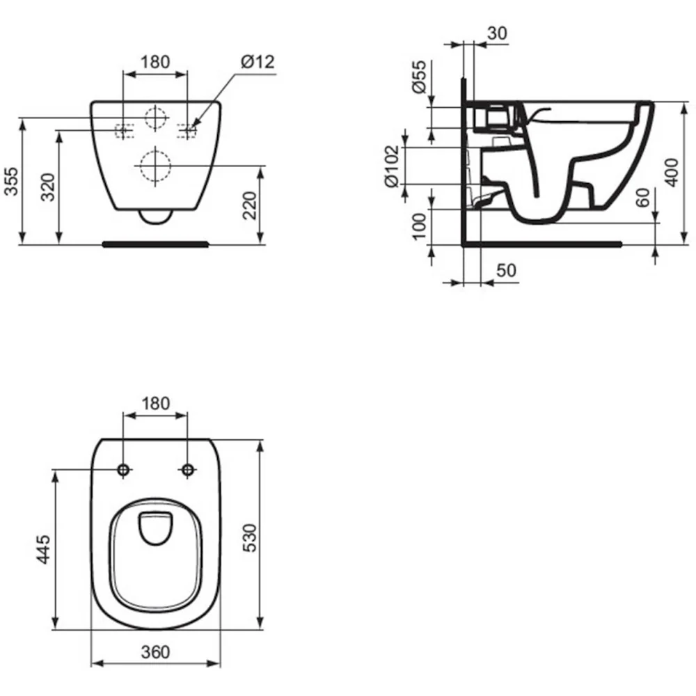 Vas WC suspendat Ideal StandardTesi Rimless 36x53 cm evacuare orizontala, negru mat