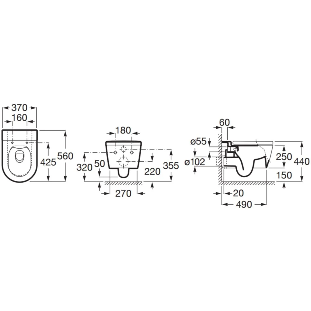 Vas WC suspendat Roca Inspira Round Rimless 37x56 cm evacuare orizontala