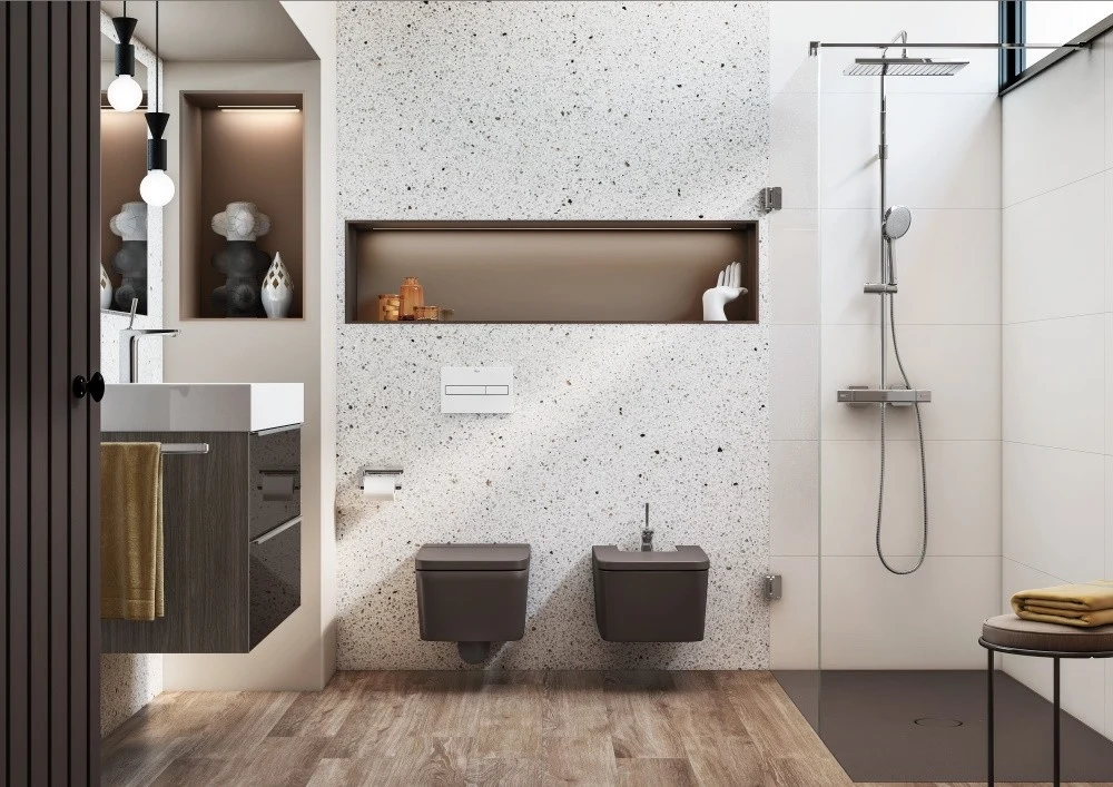 Vas WC suspendat Roca Inspira Square Rimless 37x56 cm evacuare orizontala, maro (coffee)