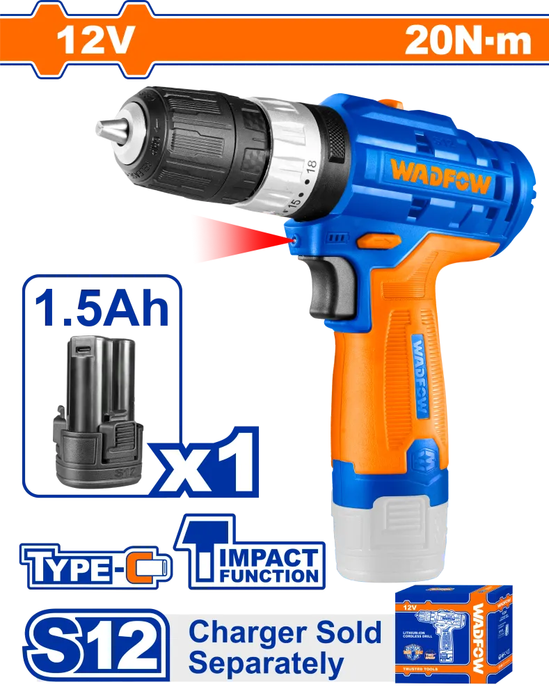 Masina de gaurit si insurubat pe acumulator cu impact Wadfow, 12V, 1.5Ah, 1500rpm, 22500bpm, 20Nm, include baterie, nu inc...