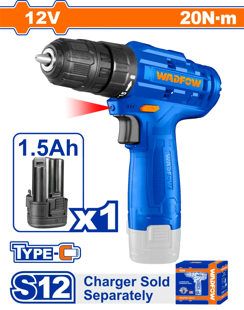 Masina de gaurit si insurubat cu acumulator Wadfow, 12V, 1.5 Ah, 750Rpm, 20Nm, NU include incarcator