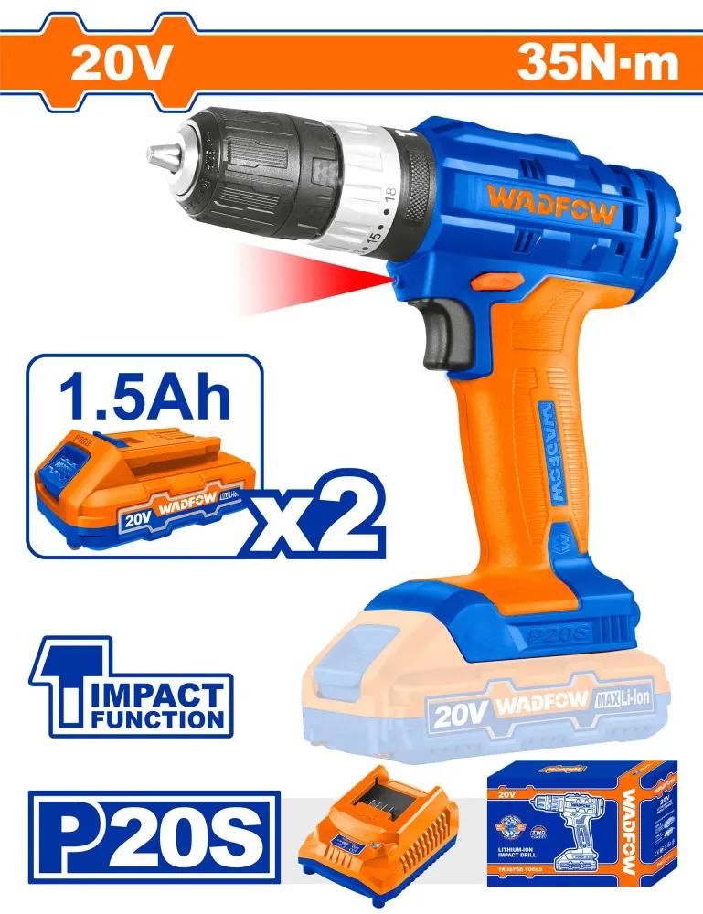 Masina de gaurit cu percutie si acumulator WADFOW, 20V, LI-Ion P20S, 1500RPM, 35 Nm, LED, include incarcator, 2 acumulator...