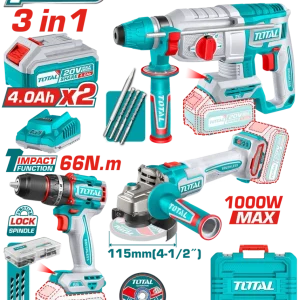 Kit Combo TOTAL 20V 2.0Ah - Masina de gaurit cu impact, Polizor unghiular, Ciocan rotopercutor (include 2 acumulatori, 1 i...