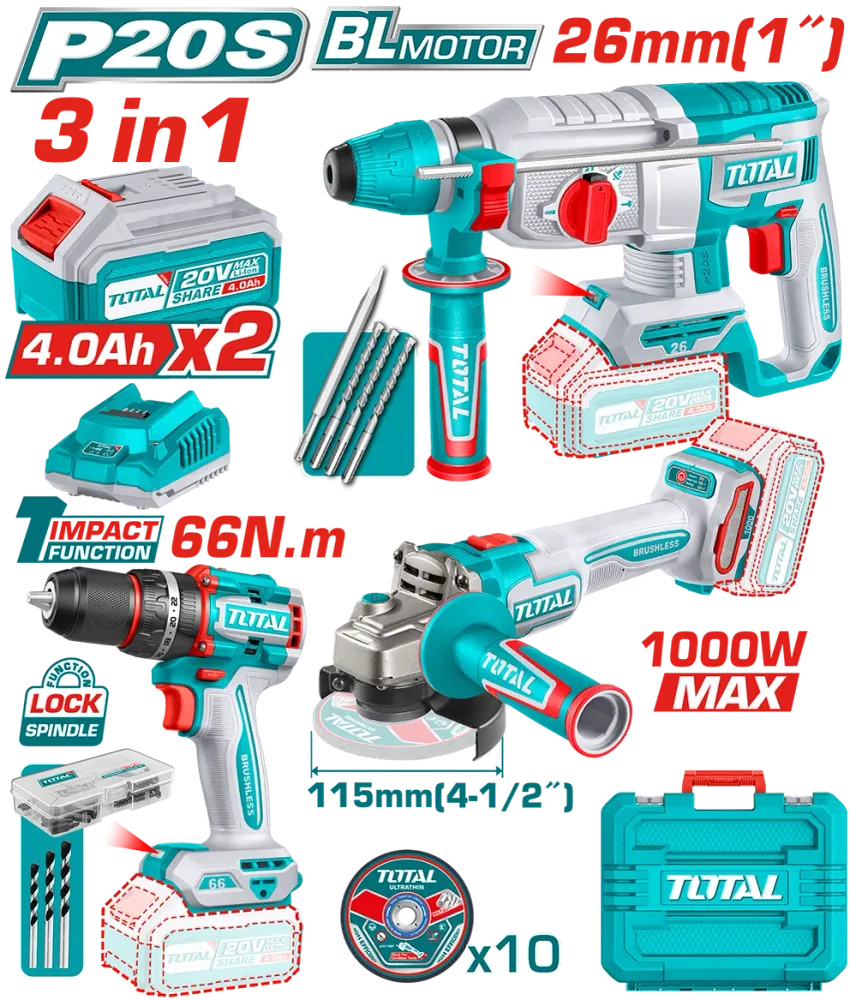 Kit Combo TOTAL 20V 2.0Ah - Masina de gaurit cu impact, Polizor unghiular, Ciocan rotopercutor (include 2 acumulatori, 1 i...