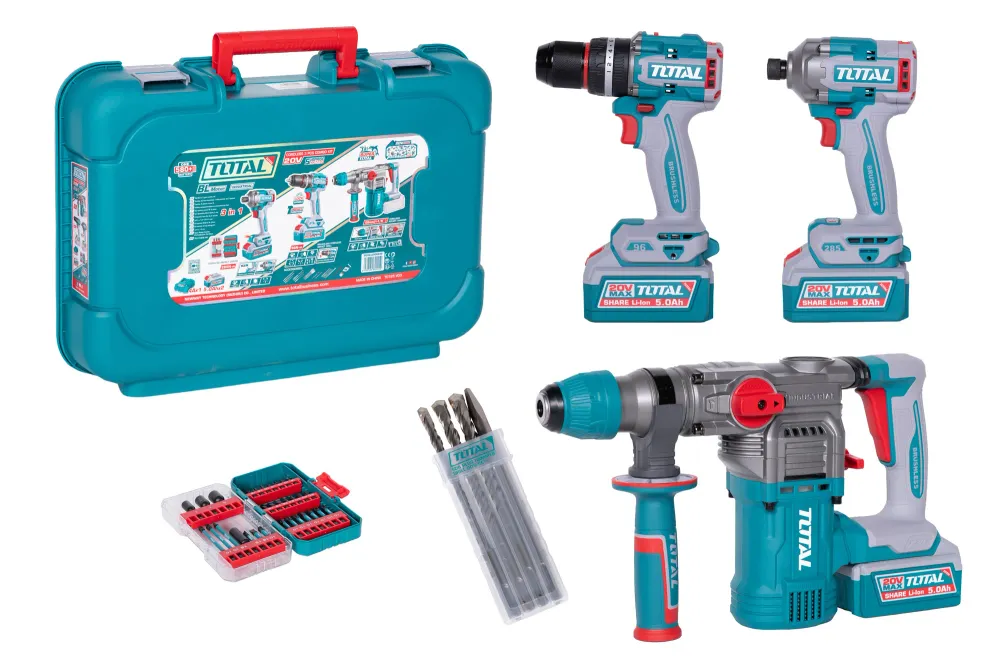 Kit Combo TOTAL 20V – Ciocan Rotopercutor, Masina de Gaurit cu Impact, Masina de Insurubat + 2 Baterii 5.0Ah si Incarcator