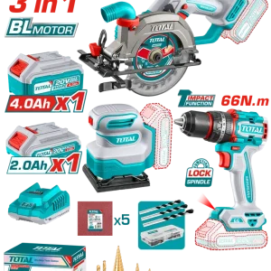 Kit Combo TOTAL 20V - Fierastrau circular, masina de gaurit cu impact, slefuitor (include 2 acumulatori, 1 incarcator)