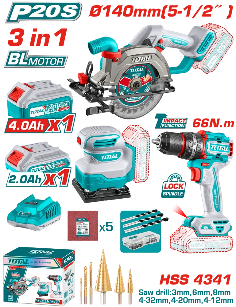Kit Combo TOTAL 20V - Fierastrau circular, masina de gaurit cu impact, slefuitor (include 2 acumulatori, 1 incarcator)
