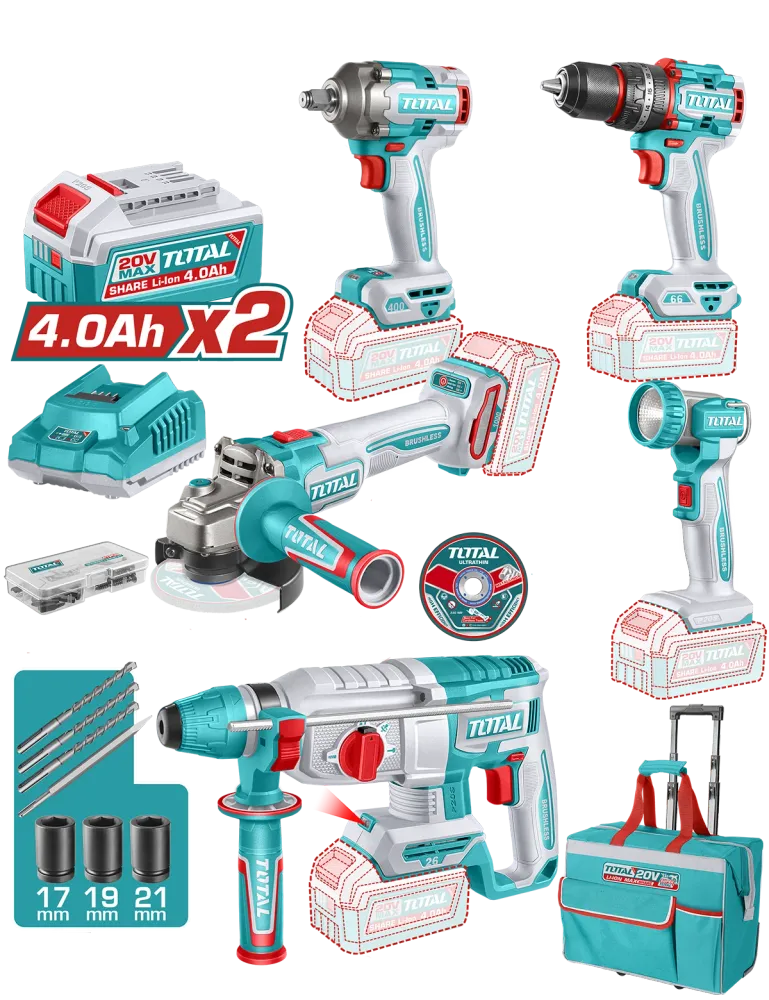 Kit Combo TOTAL 20V Industrial, Masina de gaurit cu percutie, Masina de insurubat cu impact, Ciocan rotopercutor, Polizor...
