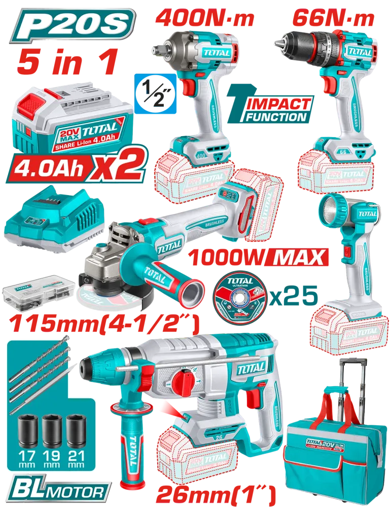 Kit Combo TOTAL 20V Industrial, Masina de gaurit cu percutie, Masina de insurubat cu impact, Ciocan rotopercutor, Polizor...