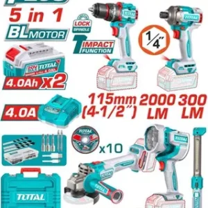 Kit Combo TOTAL 20V – Masina de Gaurit cu Impact, Masina de Insurubat cu Impact, Polizor Unghiular si Lampa de Lucru, Lamp...