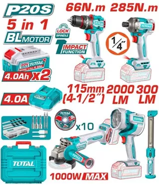 Kit Combo TOTAL 20V – Masina de Gaurit cu Impact, Masina de Insurubat cu Impact, Polizor Unghiular si Lampa de Lucru, Lamp...