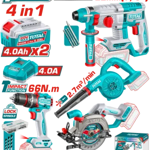 Kit combo TOTAL 20V cu Masina de gaurit, Ciocan rotopercutor, Fierastrau circular si Suflanta (INCLUDE 2 ACUMULATORI , 1 I...