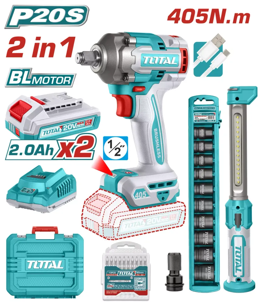 Kit Combo TOTAL 20V - masina de insurubat cu impact, lampa de lucru (include 2 acumulatori si 1 incarcator)
