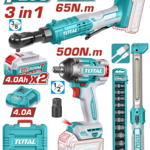 Kit Combo TOTAL 20V - masina de insurubat cu impact, cheie dreapta cu impact, lampa de lucru (include 2 acumulatori si 1 i...