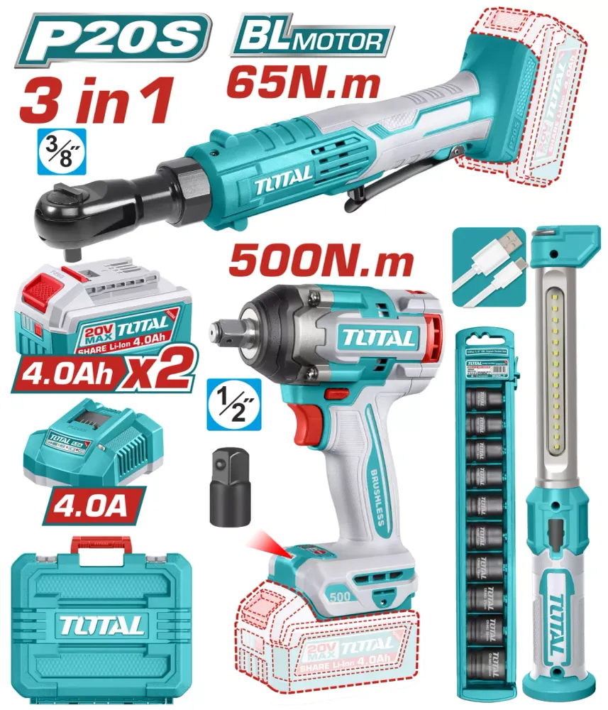 Kit Combo TOTAL 20V - masina de insurubat cu impact, cheie dreapta cu impact, lampa de lucru (include 2 acumulatori si 1 i...