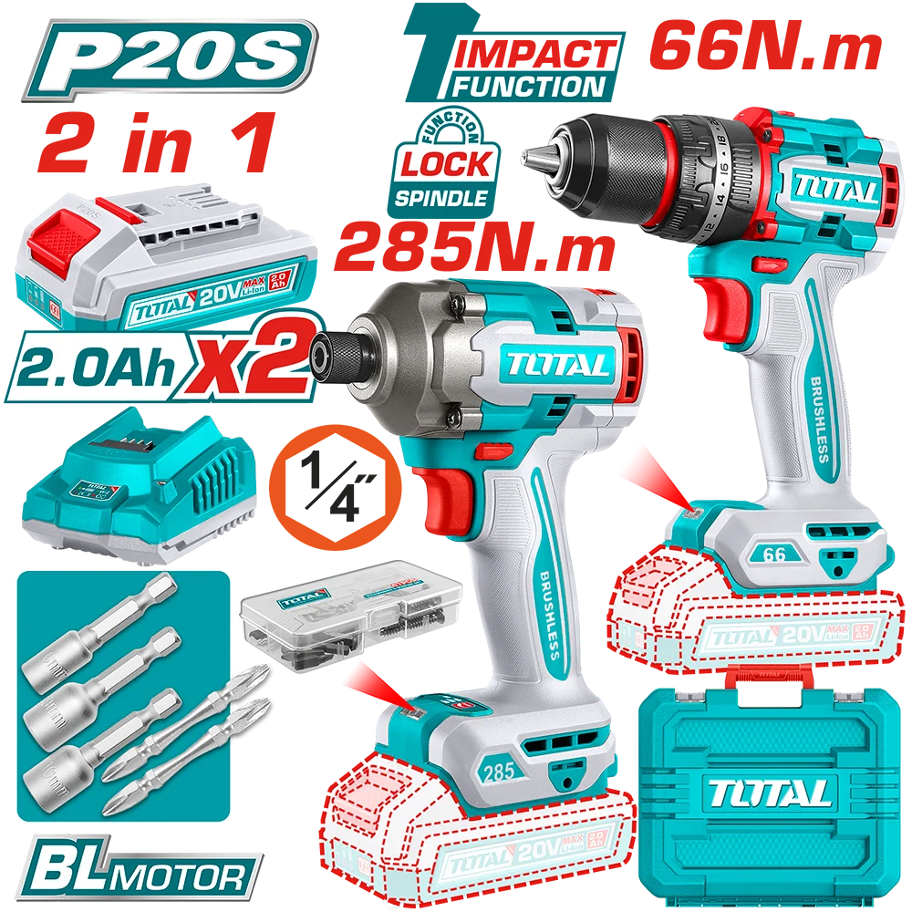 Kit Combo TOTAL20V 2.0Ah - Masina de gaurit cu impact, masina de insurubat cu impact (include 2 acumulatori, 1 incarcator)