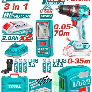Kit scule TOTAL 20V – Masina de gaurit cu impact, Nivela laser verde si Telemetru laser 70 m