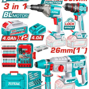 Kit scule TOTAL 20V – Masina de gaurit cu impact, Surubelnita cu opritor si Ciocan rotopercutor (INCLUDE 2 ACUMULATORI , 1...