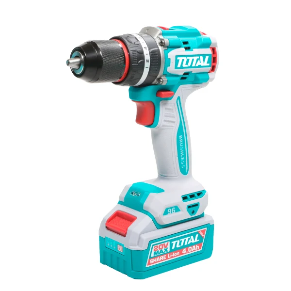Masina de gaurit cu impact TOTAL 20V, motor fara perii, 96 Nm, 2 acumulatori 4.0Ah Li-Ion, mandrina metalica 13 mm (2 acum...