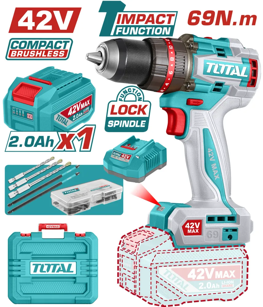 Masina de gaurit cu impact TOTAL 42V, 69 Nm, 47 accesorii (INCLUDE ACUMULATOR, INCARCATOR)
