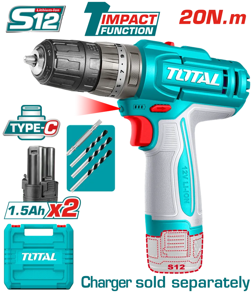 Masina de gaurit cu percutie TOTAL 12V, 20Nm, 2 trepte viteza, baterii 1.5Ah (NU INCLUDE INCARCATOR)