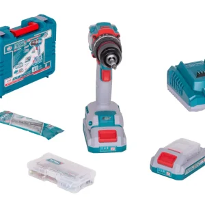 Masina de gaurit cu percutie Total - 20V-2AH -motor fara perii - include doi acumulatori si un incarcator