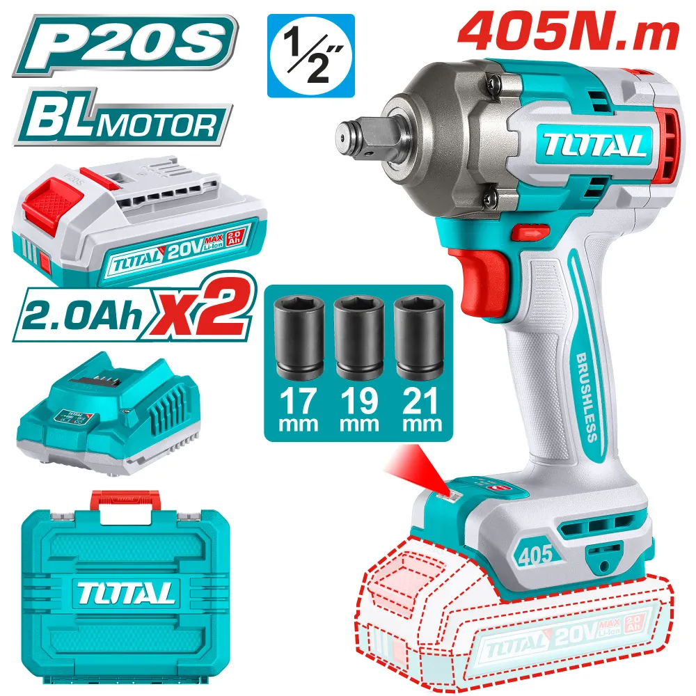 Masina de insurubat cu impact TOTAL 20V Li-Ion, 1/2", motor fara perii, 405 Nm (INCLUDE 2 ACUMULATORI,1 INCARCATOR)