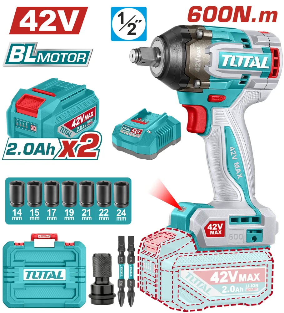 Masina de insurubat cu impact TOTAL 42V, 1/2", 600 Nm (INCLUDE 2 ACUMULATORI, 1 INCARCATOR)