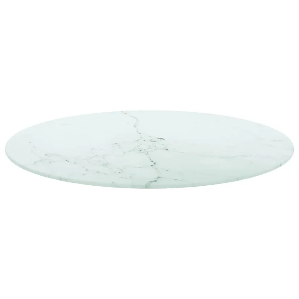 Blat masă, alb, Ø70x0,8 cm, sticlă securizată, design marmură
