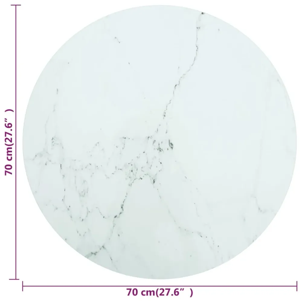 Blat masă, alb, Ø70x0,8 cm, sticlă securizată, design marmură
