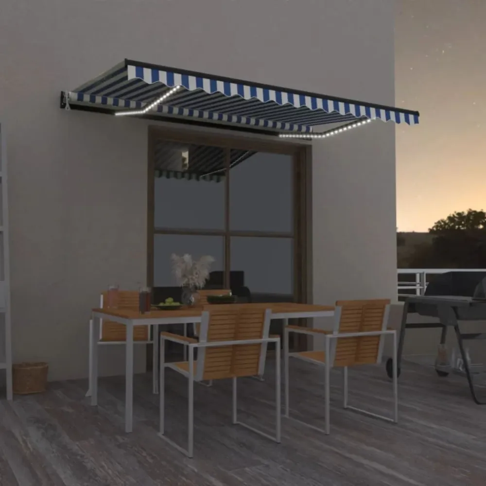 Copertină automată cu LED&senzor vânt, albastru/alb, 450x350 cm
