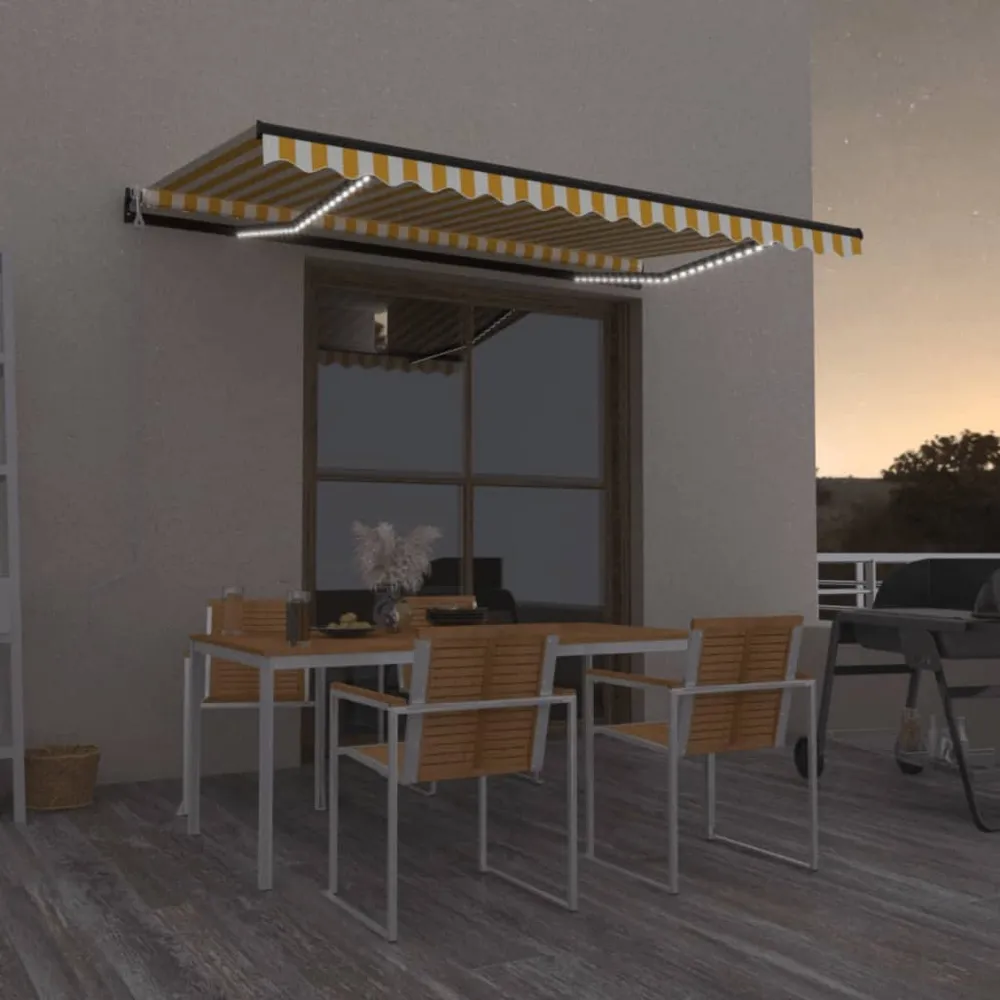 Copertină automată cu LED&senzor vânt, galben&alb, 450x350 cm