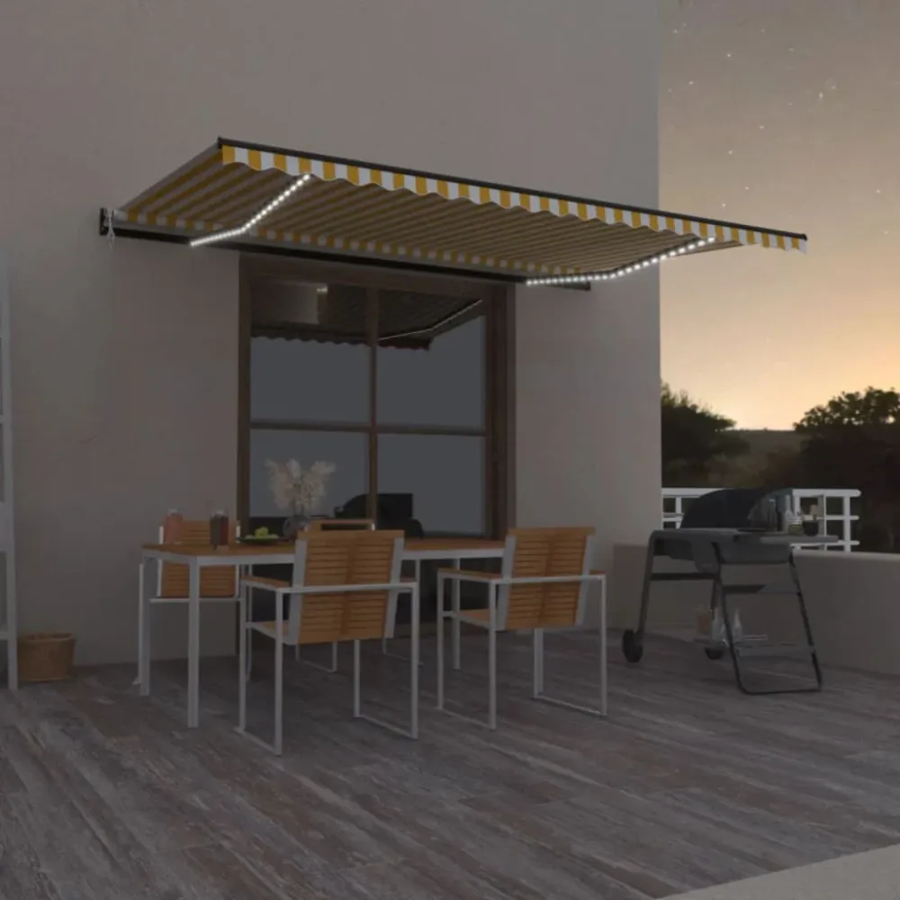 Copertină automată cu LED&senzor vânt, galben/alb, 500x350 cm