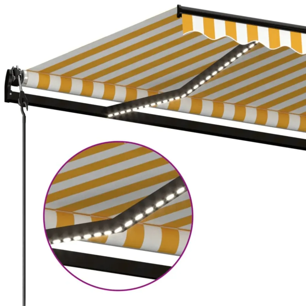 Copertină automată cu LED&senzor vânt, galben/alb, 500x350 cm