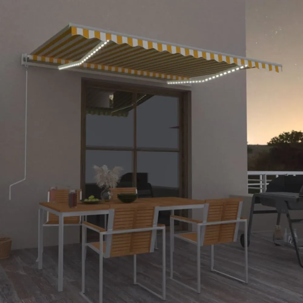 Copertină automată cu senzor vânt & LED, galben&alb, 400x300 cm