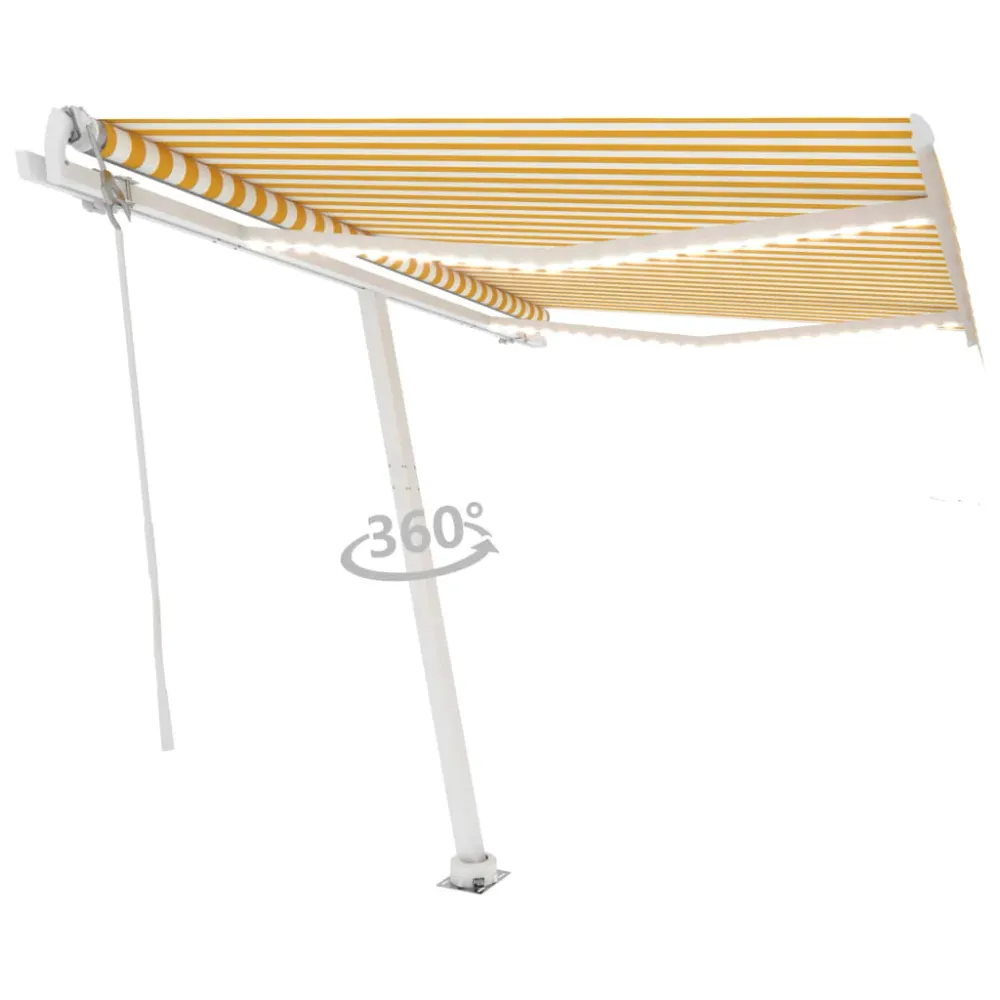 Copertină automată senzor vânt & LED, galben/alb, 300x250 cm
