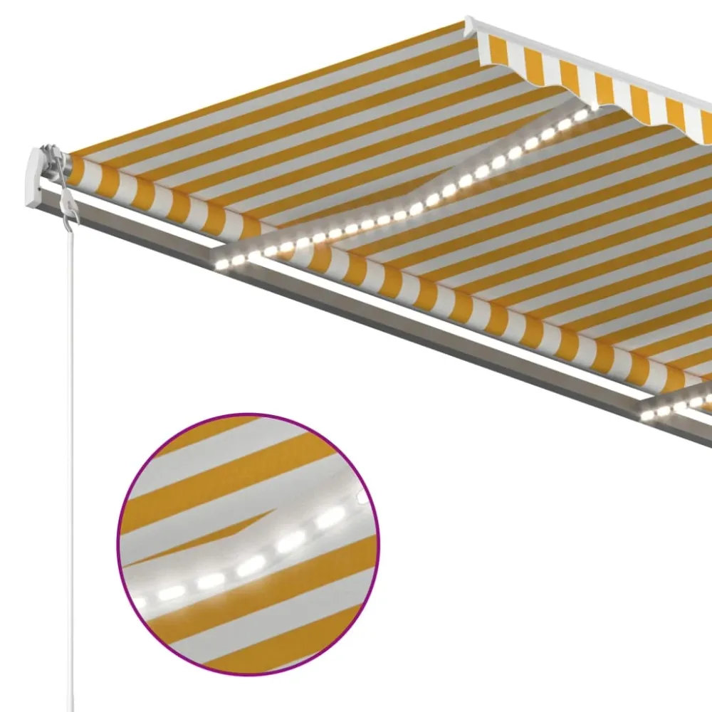 Copertină automată senzor vânt & LED, galben/alb, 300x250 cm