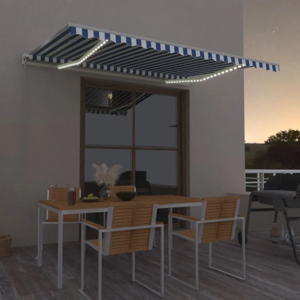 Copertină automată cu senzor vânt&LED, albastru/alb, 400x350 cm